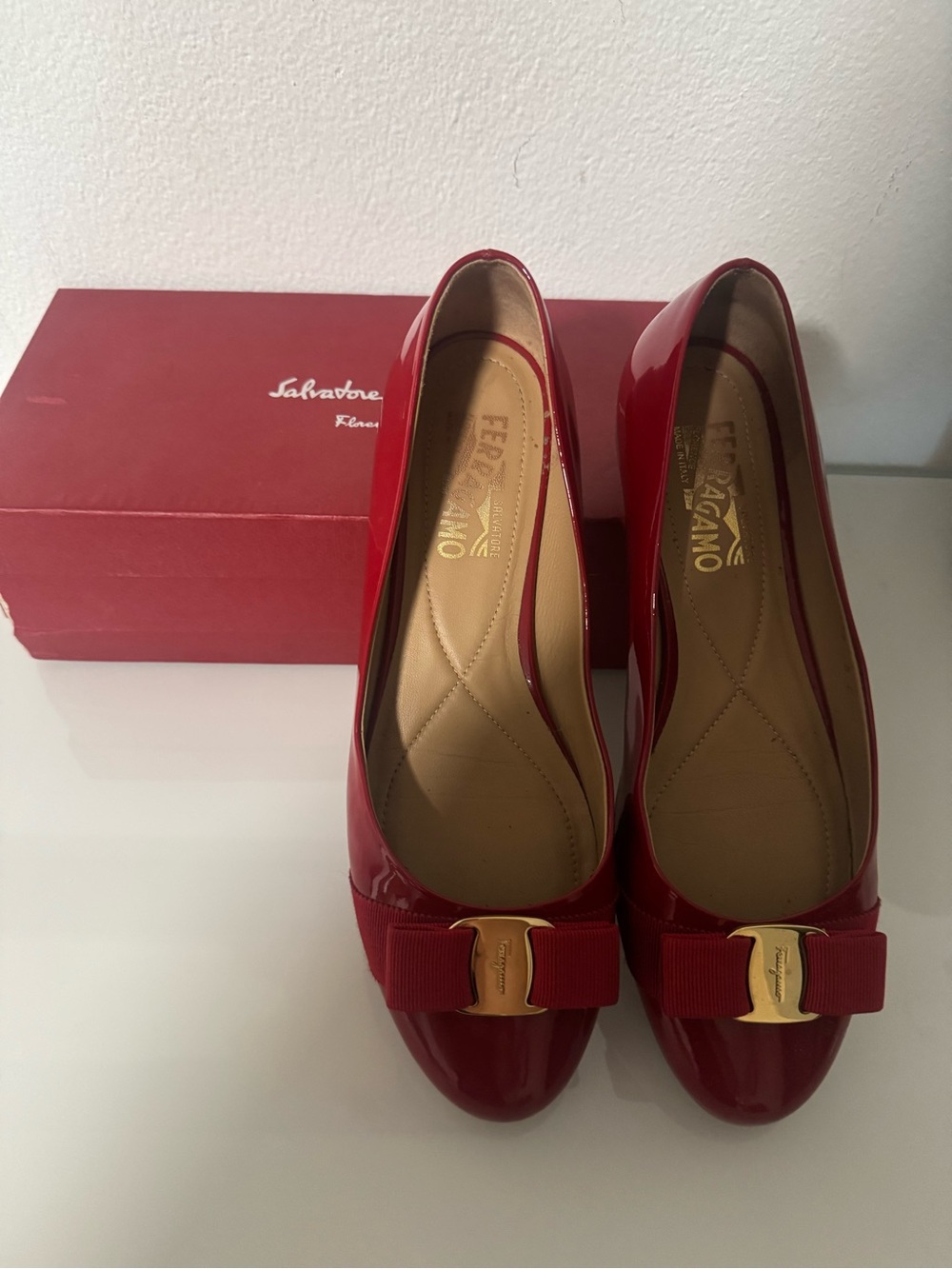 Salvatore Ferragamo Red Patent Varina Bow Flats